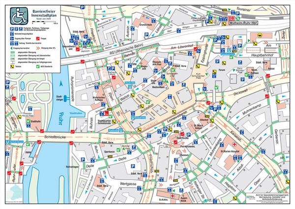 Stadtplan der Mülheimer Innenstadt mit Angaben zur Barrierefreiheit